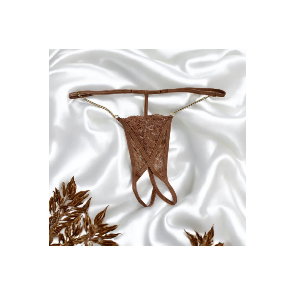 String en dentelle taupe ouvert avec chaînes dorées 